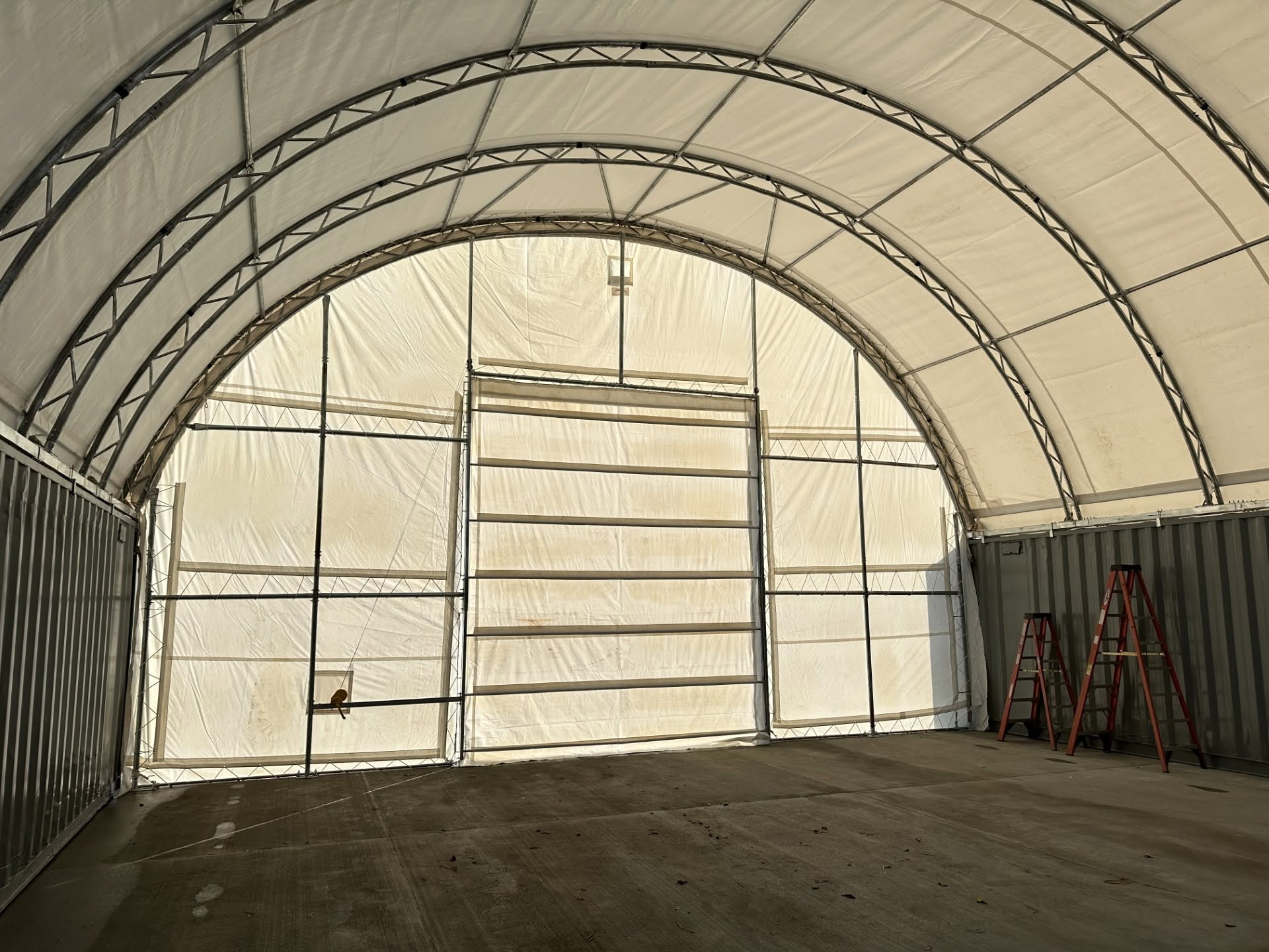 Covermore 40x40 Upgraded Dual Truss Container Shelter with a front wall