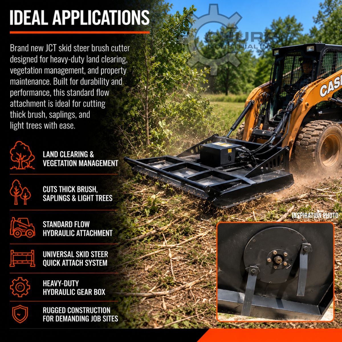 JCT 72in brush cutter applications graphic: skid steer clearing brush and saplings, standard flow, universal quick attach