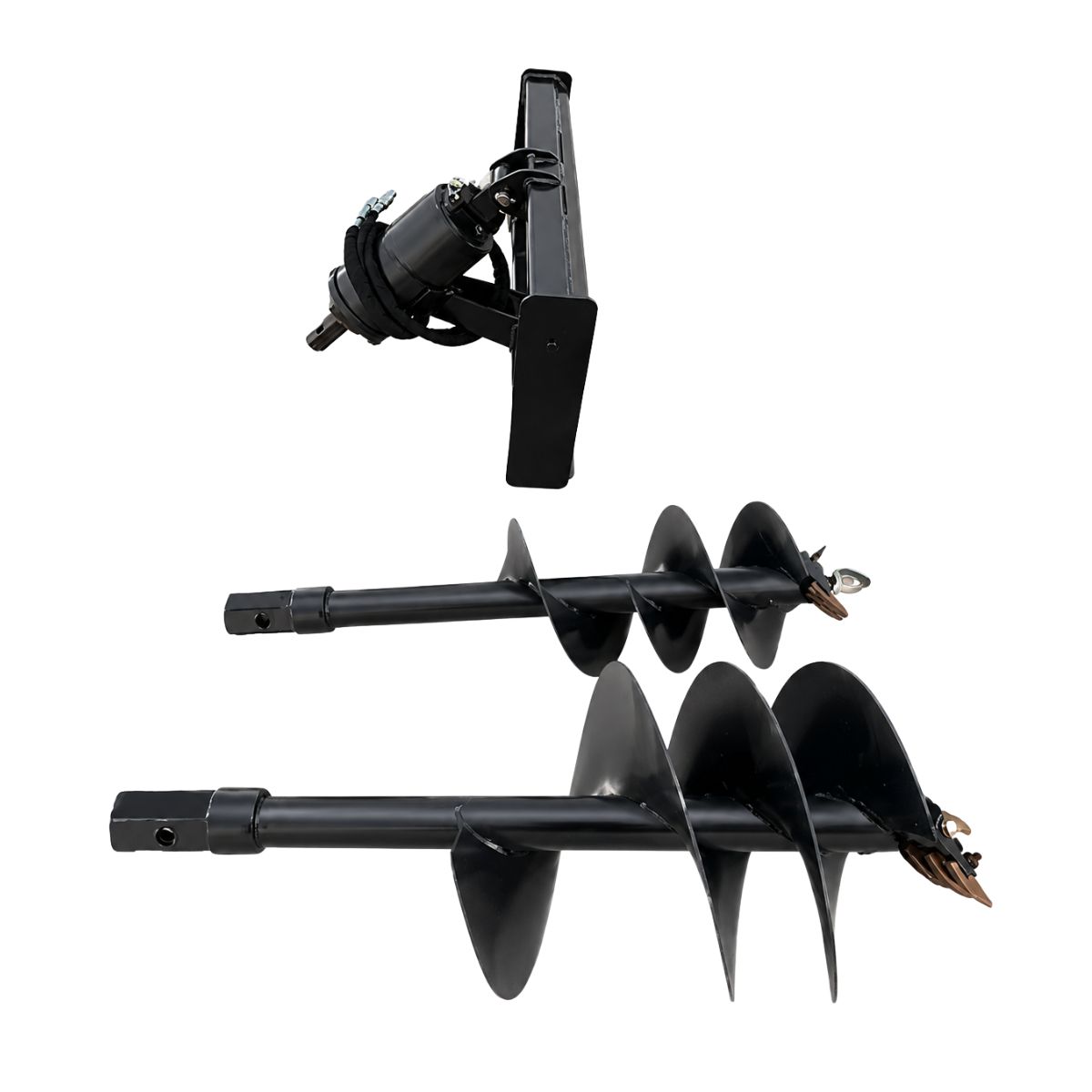 Hydraulic auger drive on a universal skid steer mount with two black auger bits and carbide cutting teeth