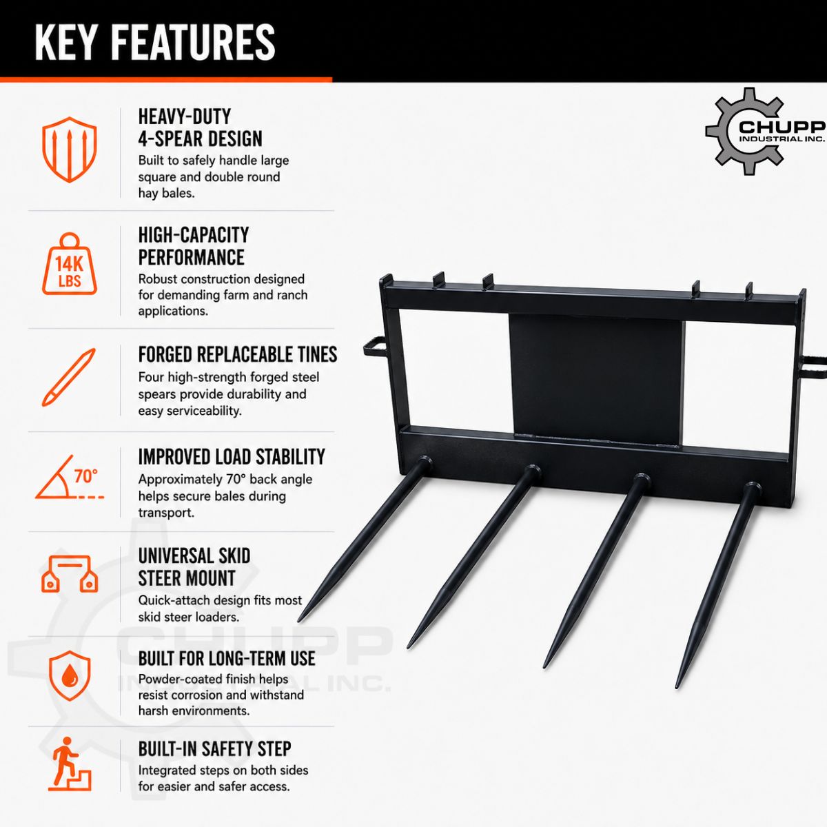 JCT 4-spear bale spear features: forged replaceable tines, 70-degree back angle, universal skid steer mount, safety step
