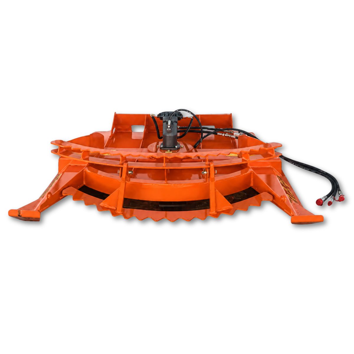 TopCat 68in high-flow brush cutter, orange deck with serrated skirt, top-mounted hydraulic motor and hoses