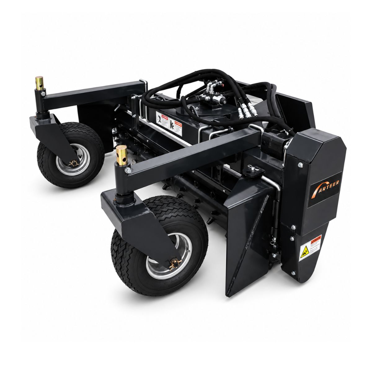 Arteer soil conditioner power rake: adjustable gauge wheels, hinged end plates, carbide-tooth drum and hydraulic lines