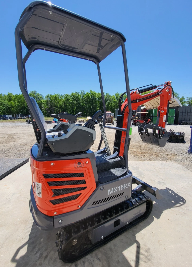MX15RX mini excavator with black canopy, extended boom and bucket, orange body and rubber tracks