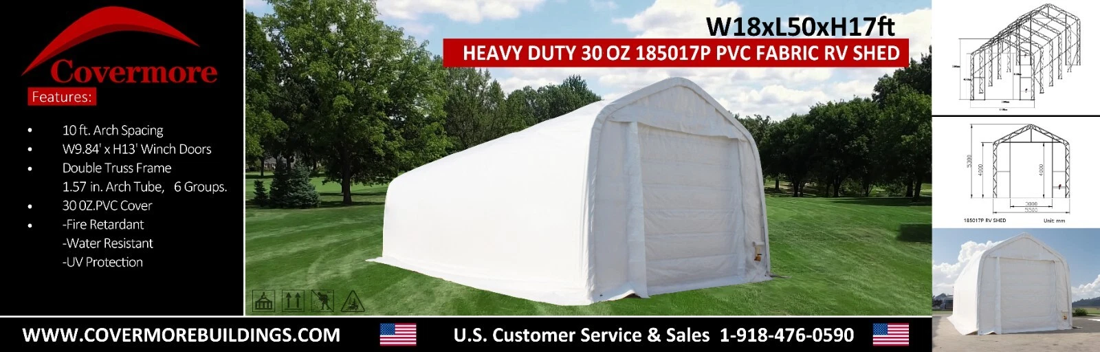 Covermore 18x50x17 PVC dual truss RV shed, white fabric building with winch door, shown in a product graphic