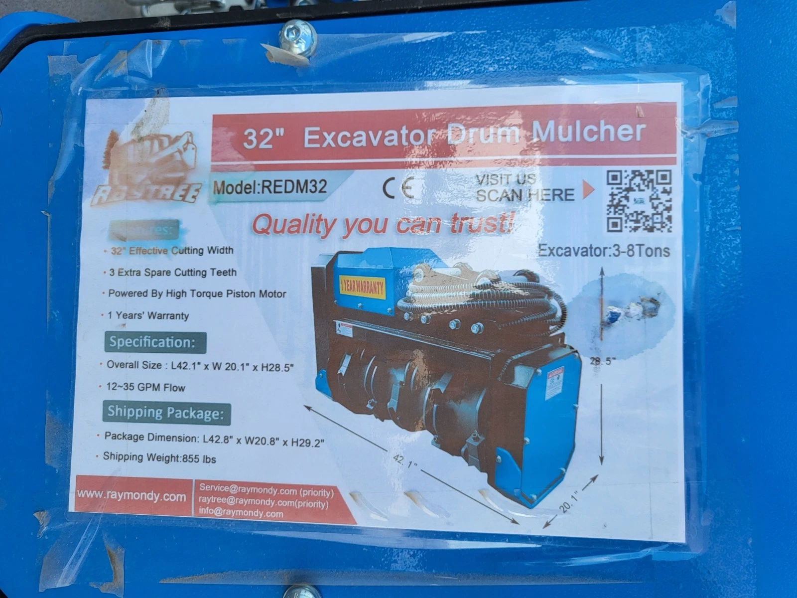 Spec placard: Raytree 32in Excavator Drum Mulcher REDM32, L42.1 x W20.1 x H28.5in, 12-35 GPM, 3-8 ton