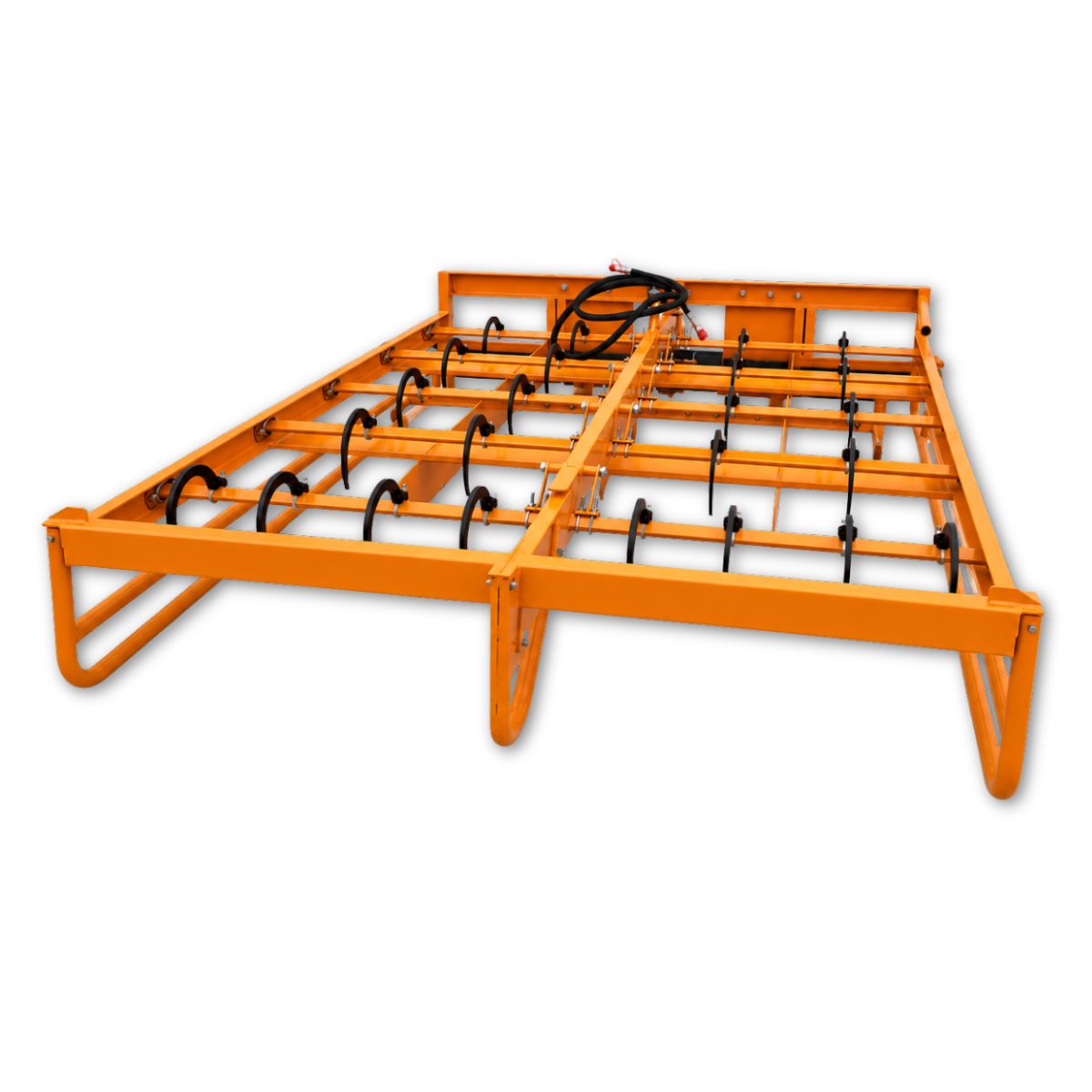 Landhonor hay accumulator, orange steel frame with rows of curved black bale hooks and a hydraulic hose kit