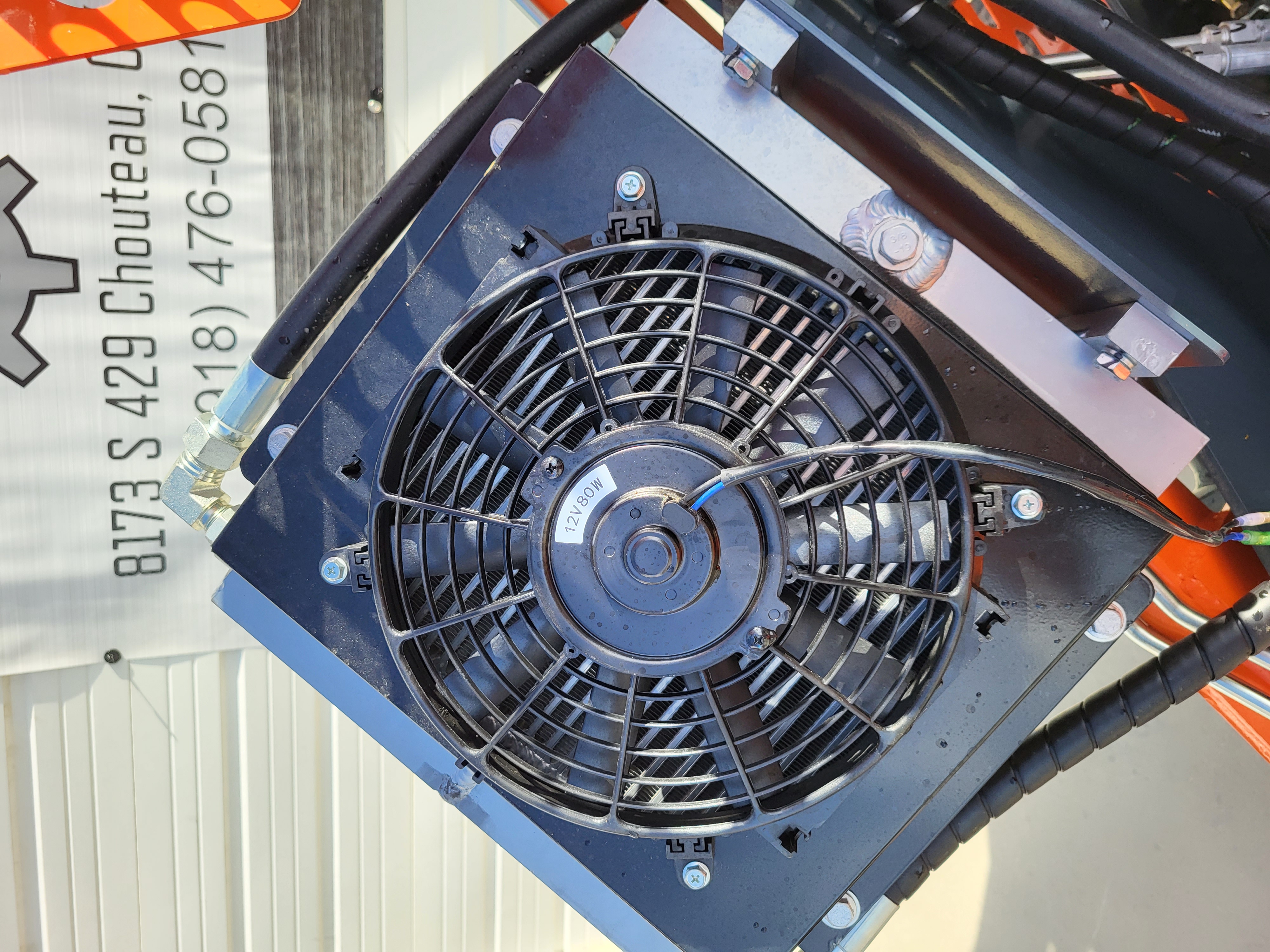 AGT YSRT14 12V 80W cooling fan mounted on the hydraulic oil cooler with steel hydraulic lines