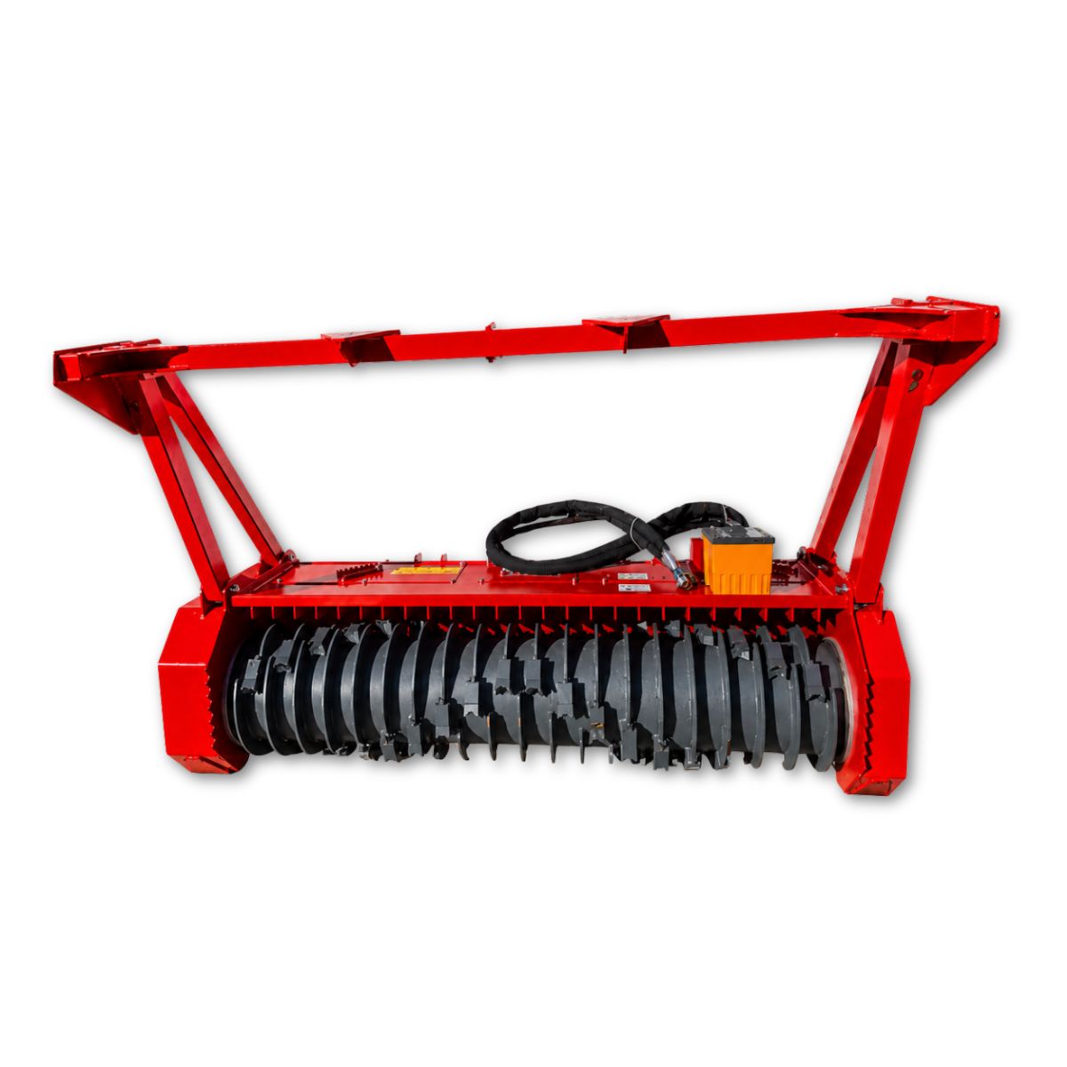 Red forestry drum mulcher, front: exposed cutting drum with bolt-on teeth, push frame, hoses and valve block