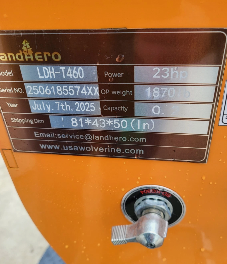 LandHero data plate for the LDH-T460: 23 hp, 1870 lb operating weight, built July 2025, 81x43x50 in shipping size