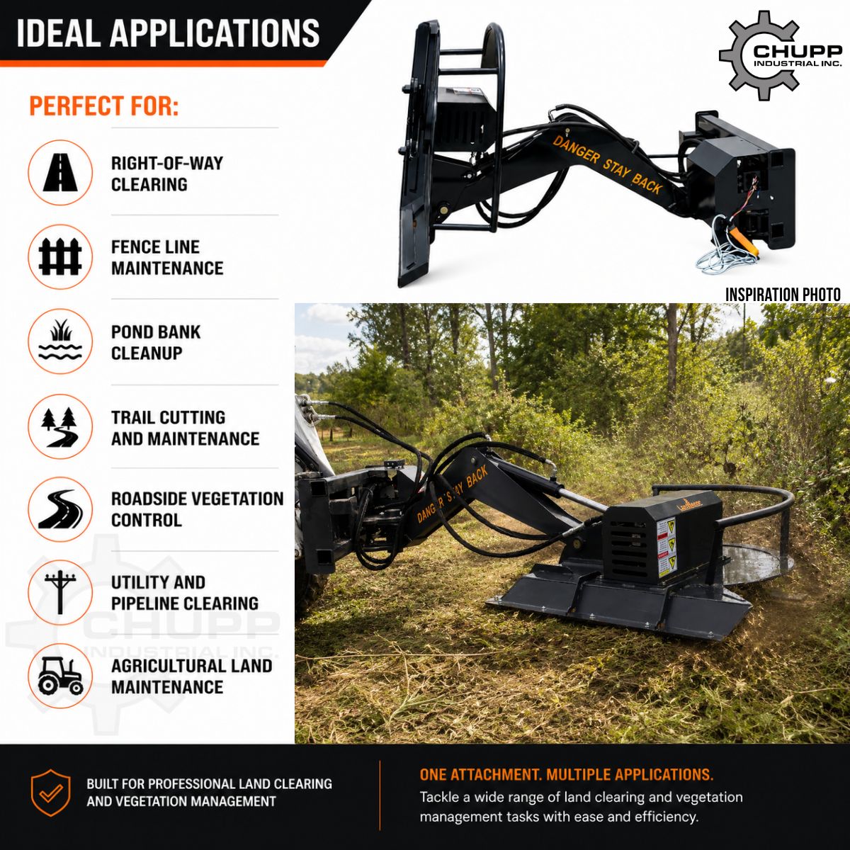 Landhonor articulating brush cutter applications graphic: right-of-way, fence lines, pond banks, trails, land clearing