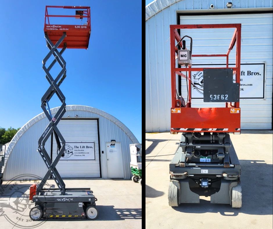 Red Skyjack SJIII 3219 scissor lift raised to full height on its scissor stack, and the same unit lowered head-on