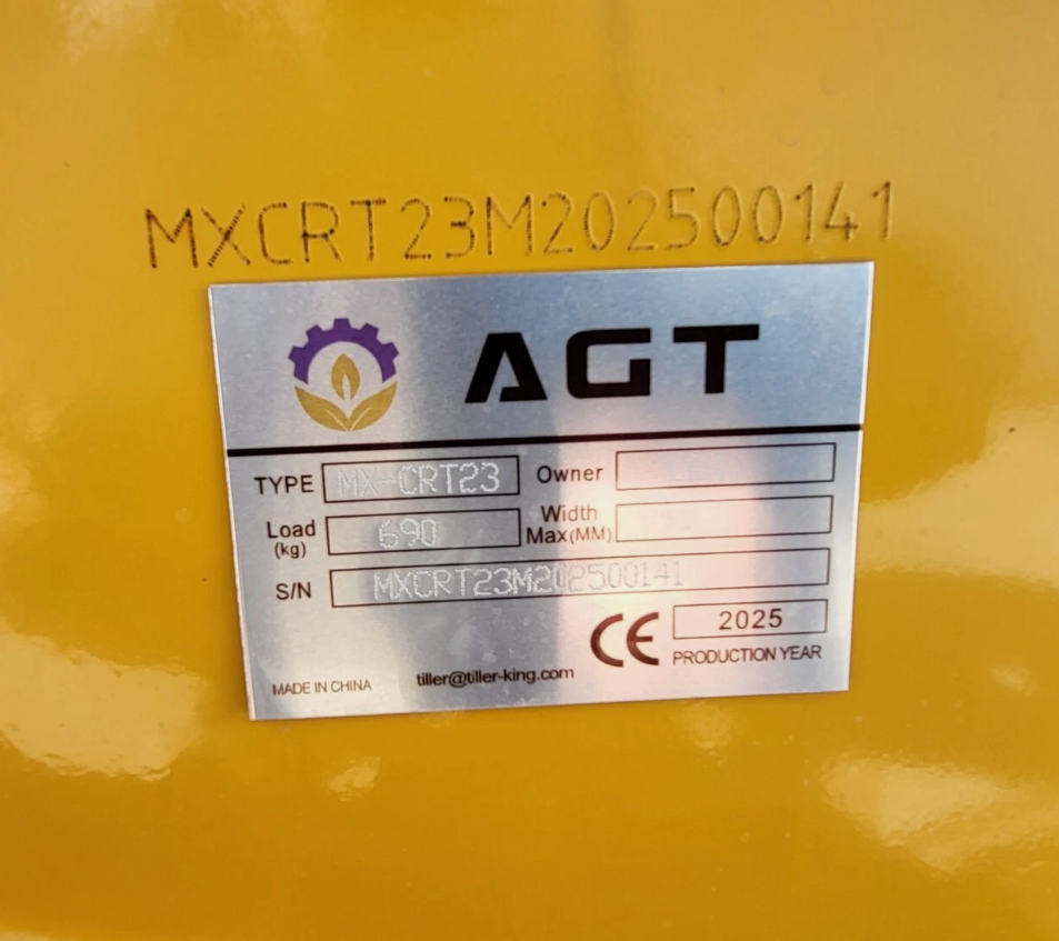 AGT data plate on the MX-CRT23: type MX-CRT23, 690 kg load, serial MXCRT23M202500141, 2025 production year