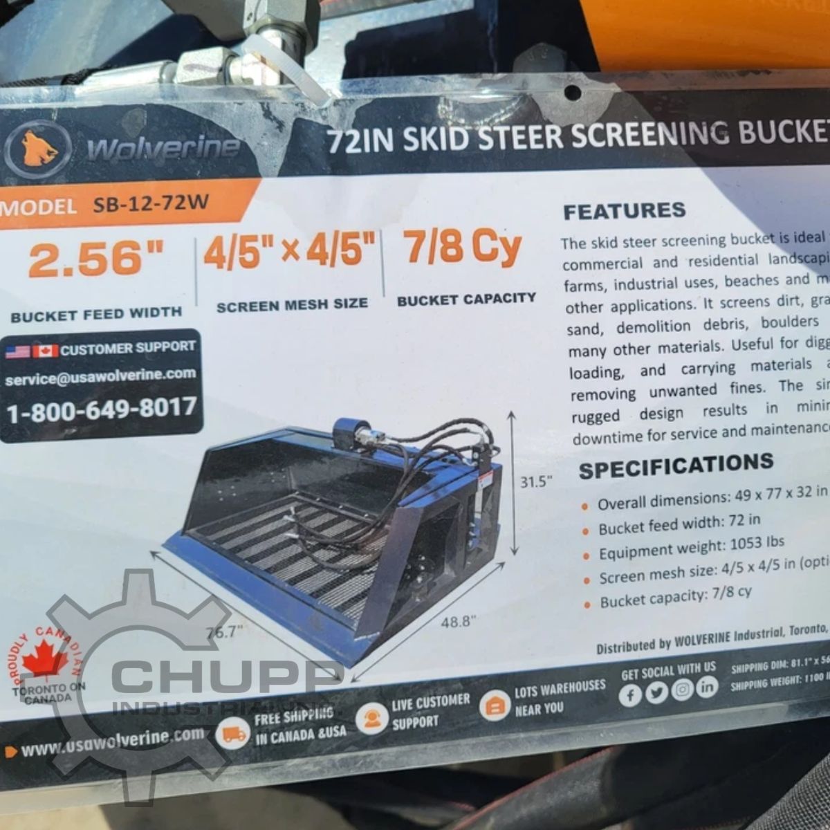 Wolverine 72in screening bucket spec placard: model SB-12-72W, 7/8 cubic yard capacity, 4/5in screen mesh, 1,053 lbs