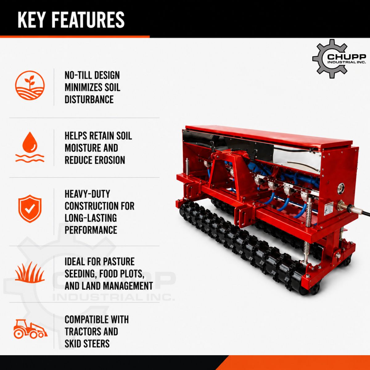 Key features of the no till seed drill: minimal soil disturbance, heavy-duty build, fits tractors and skid steers
