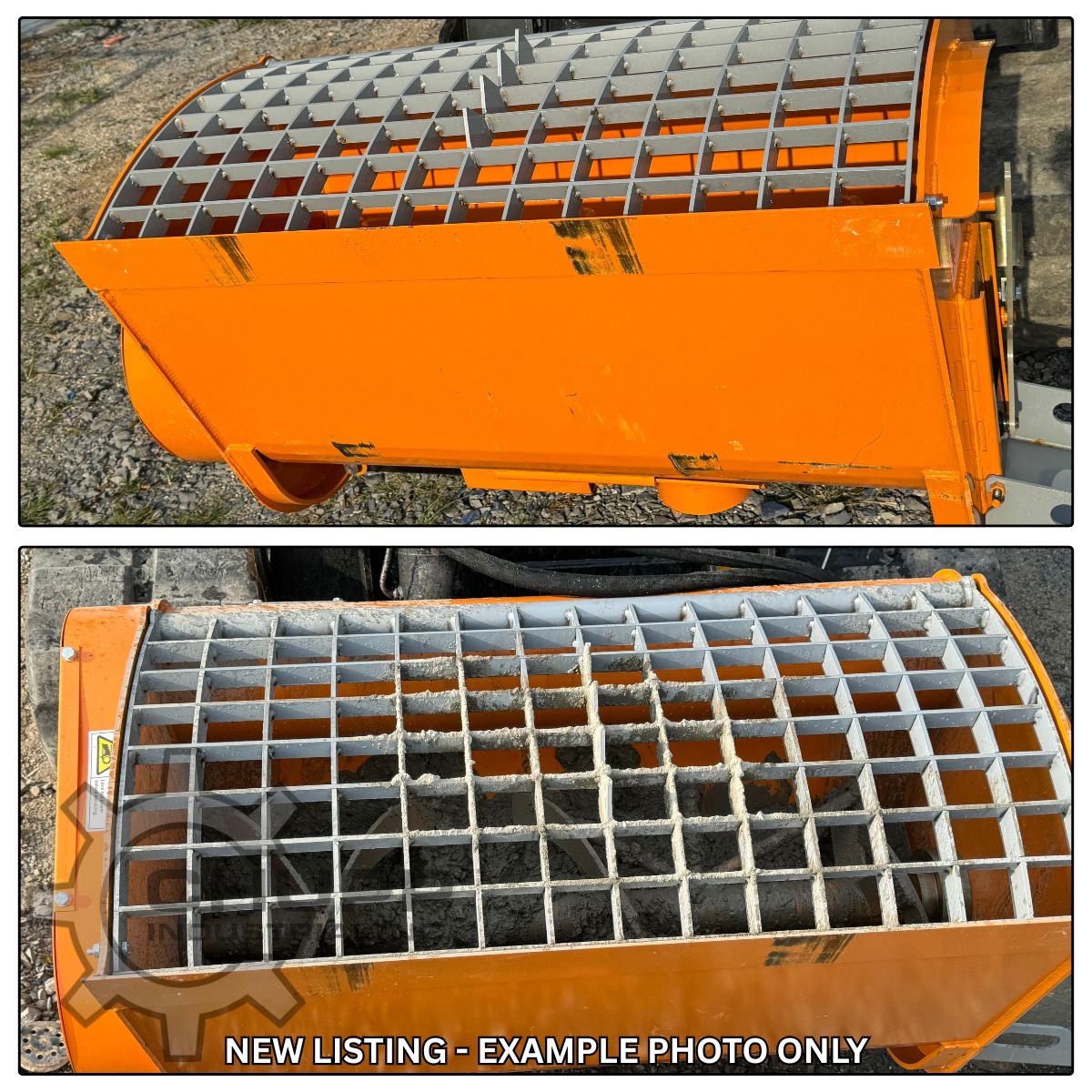 Landhonor cement mixer bucket, orange drum with steel grate over wet concrete mixing inside; example photo