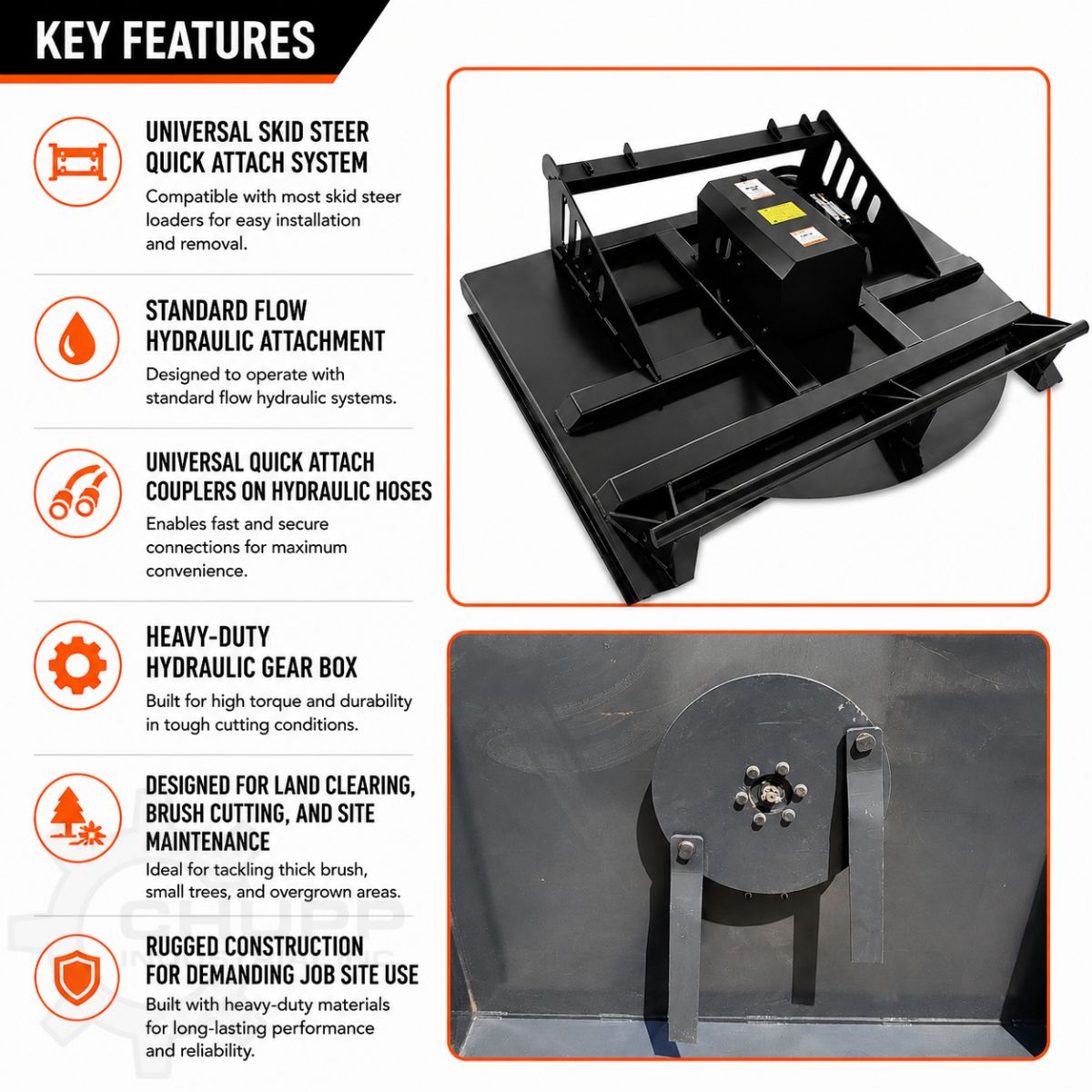 JCT 72in brush cutter features graphic: universal quick attach, standard flow, hydraulic gear box, blade disc underside