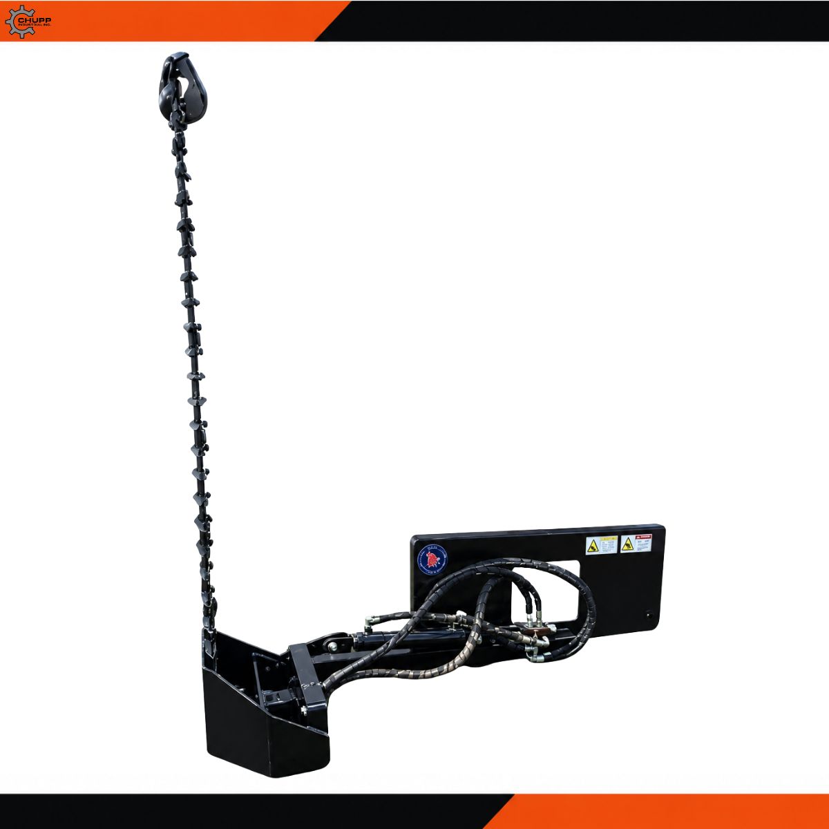 Wolverine sickle bar mower with the cutter bar swung upright, showing the quick-attach plate, tilt cylinder and hoses