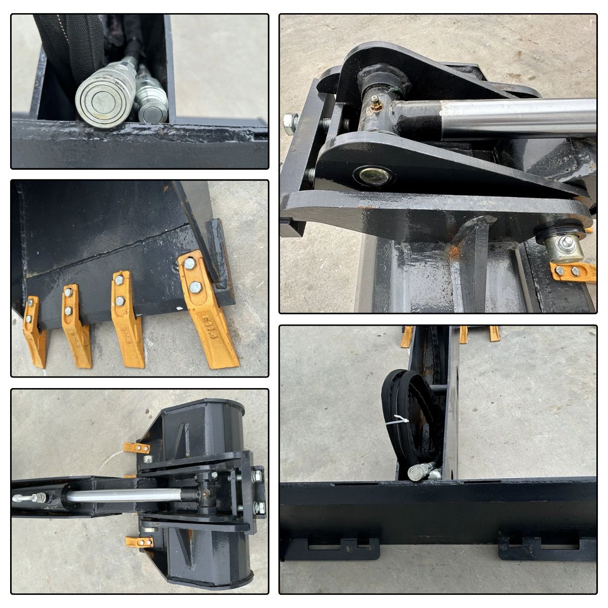 Landhonor backhoe detail set: quick-connect couplers, bolt-on bucket teeth, boom pivot cylinder, quick-attach frame