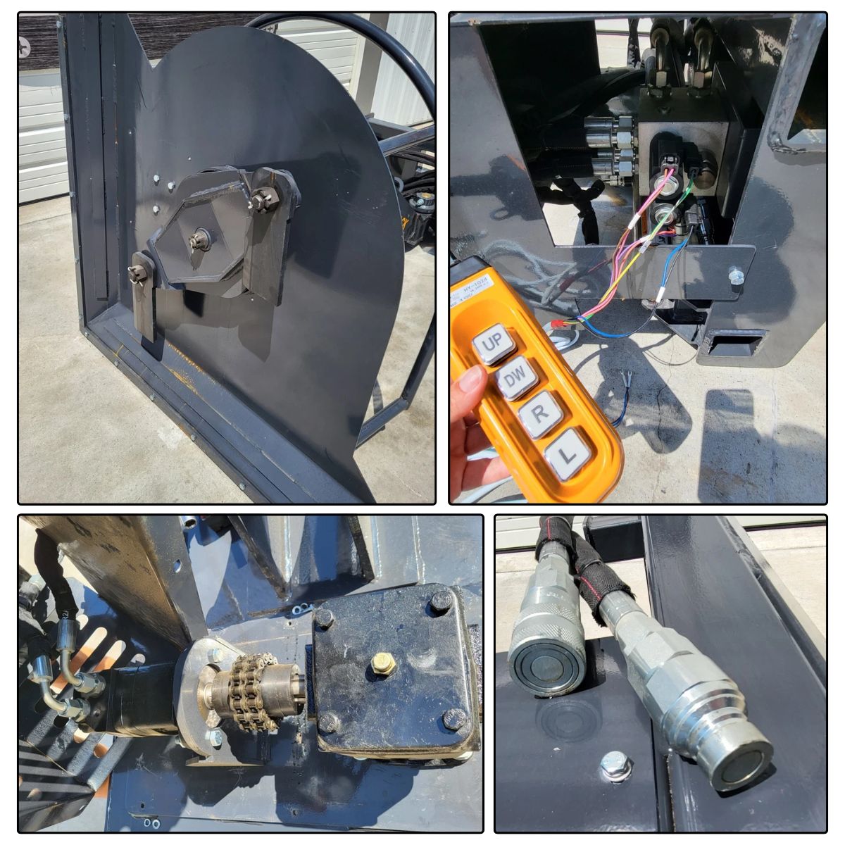 Landhonor articulating brush cutter details: blade disc, handheld up/down/swing remote, drive coupling, hydraulic couplers