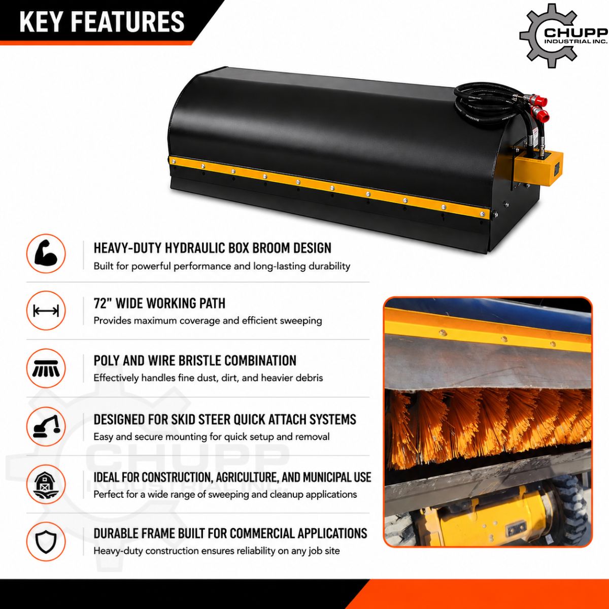 GIYI 72in box broom features graphic: 72in working path, poly and wire bristles, skid steer quick attach