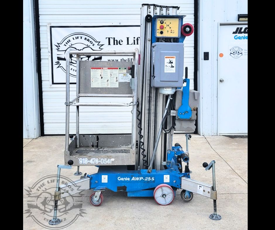 Blue Genie AWP-25S push-around lift: steel platform with guardrails, aluminum mast, casters and four leveling outriggers