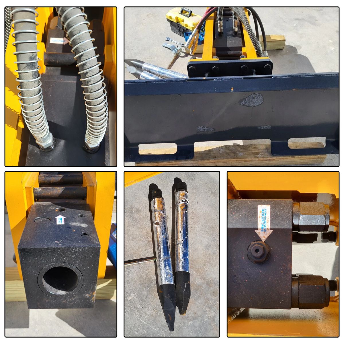 Wolverine ZW-750 hydraulic hammer details: coiled hoses, mount plate, chisel bits and cylinder adjuster