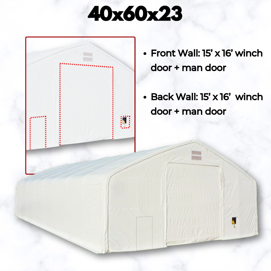 40x60x23 fabric building with a 15 x 16 ft winch door plus man door on both the front and back walls