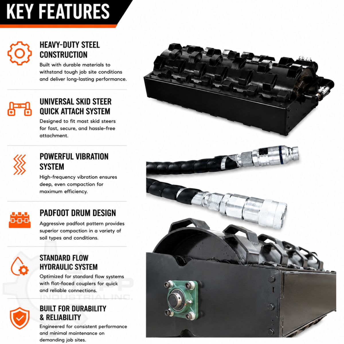 Padfoot vibratory roller key features: heavy steel build, universal quick attach, padfoot drum, flat-faced couplers