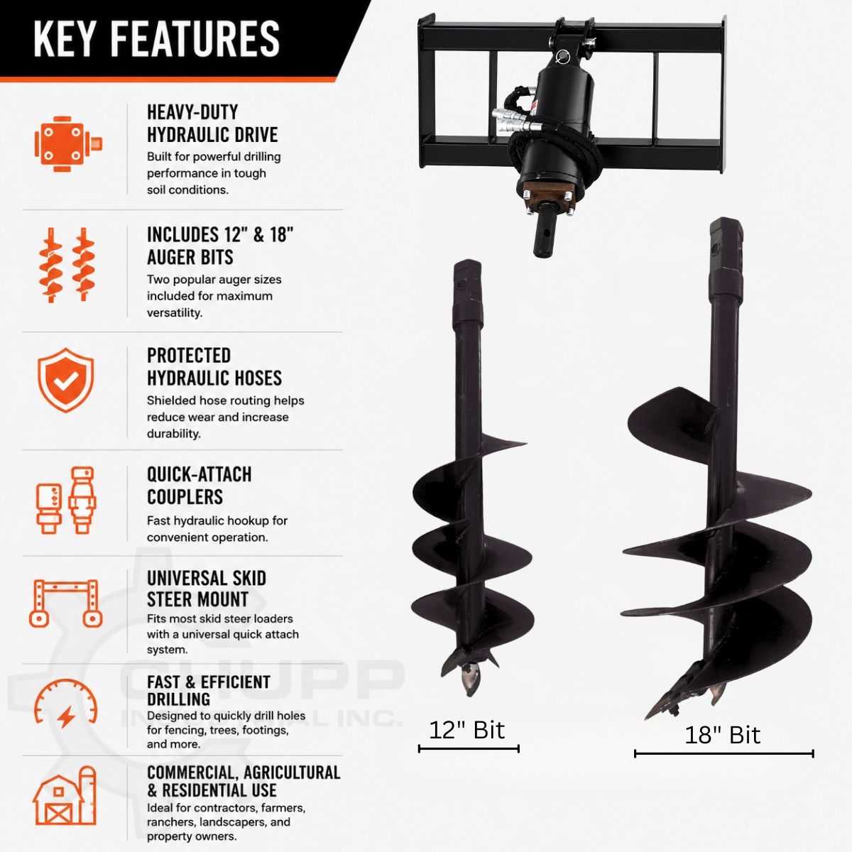Auger drive key-features graphic: heavy-duty hydraulic drive, 12in and 18in bits, universal skid steer mount