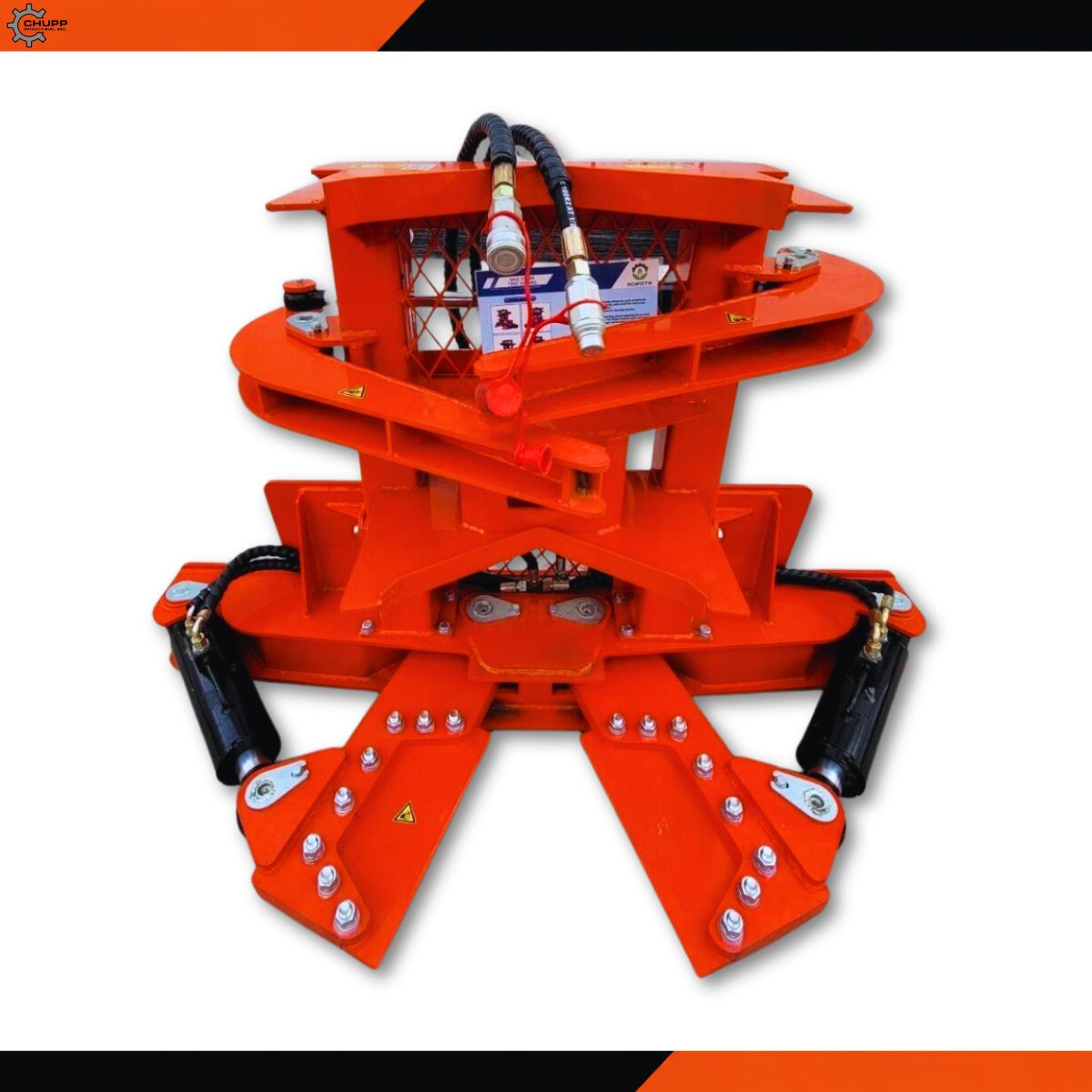 Orange TopCat tree shear, front view: open shear blades, clamp arms, hydraulic hoses and quick couplers
