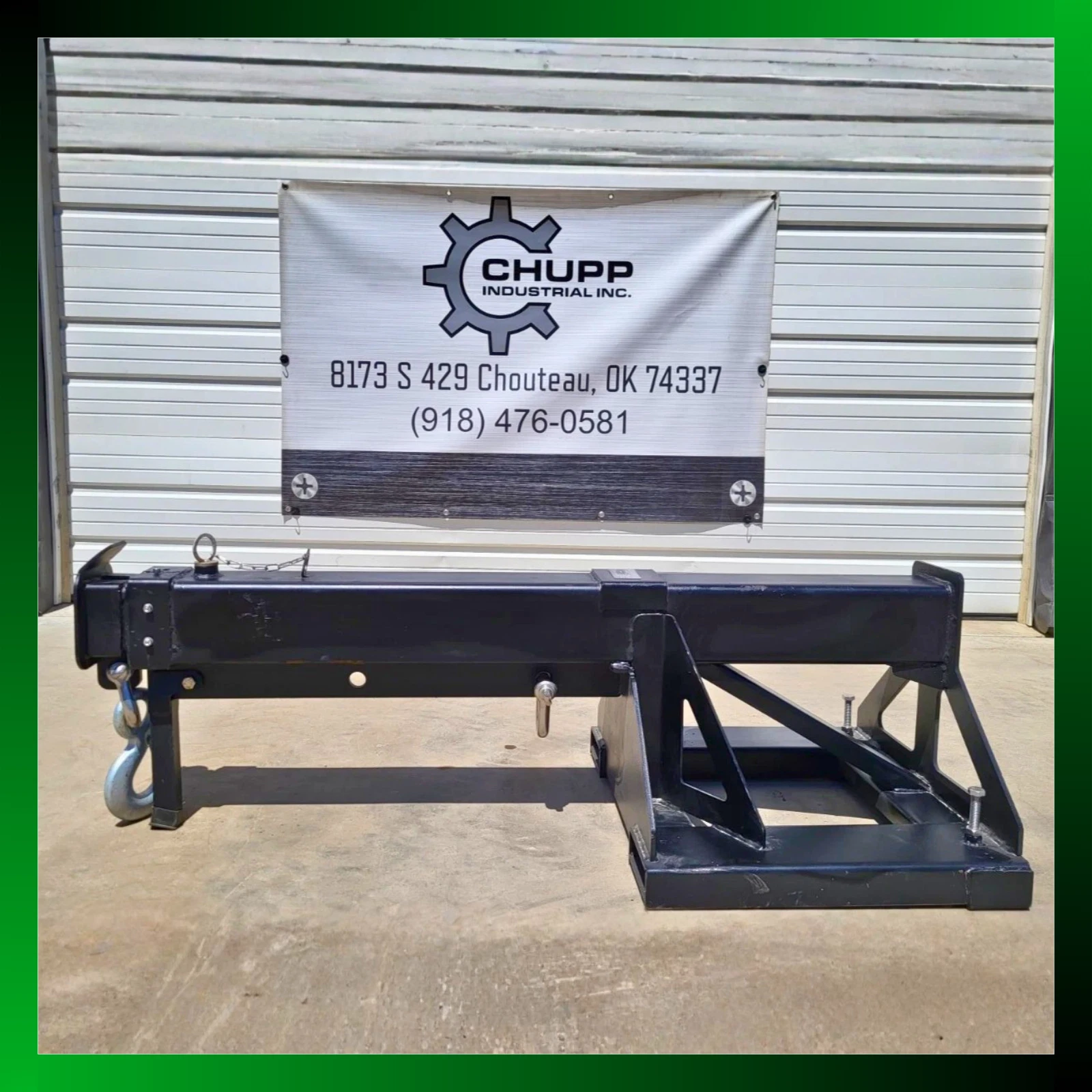 Skid steer forklift jib side view, square telescoping boom, hook at the tip and universal quick-attach plate