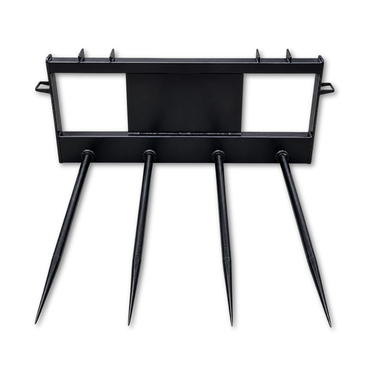 JCT four-spear hay bale spear, black frame with four forged tapered tines and a universal skid steer quick-attach mount