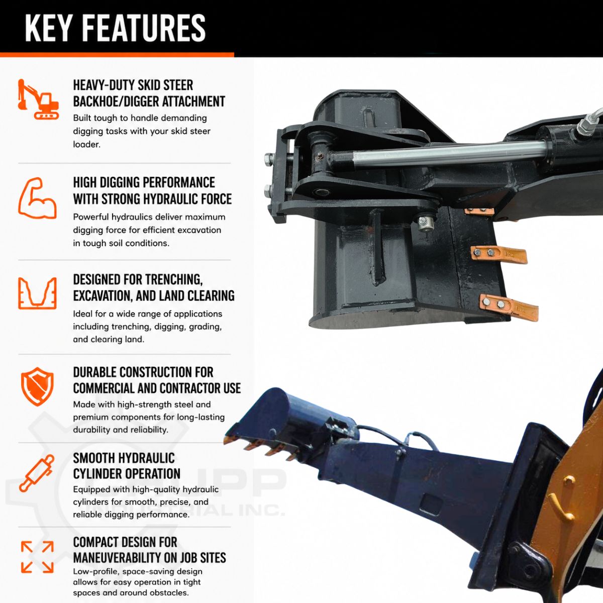 Landhonor skid steer backhoe key-features graphic: hydraulic digging force, trenching and land clearing