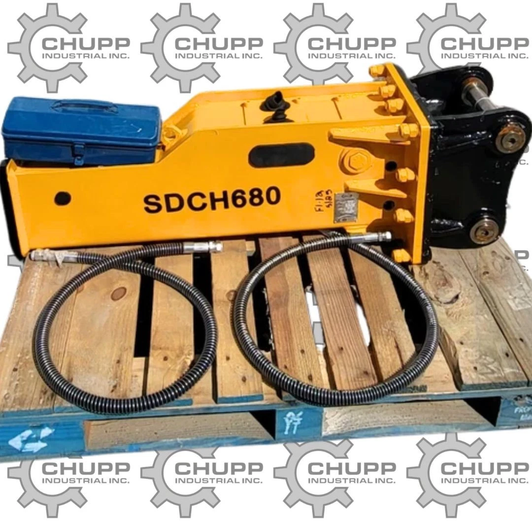 SDCH680 breaker on a pallet with tool box and hoses, tiled Chupp Industrial watermark over the photo