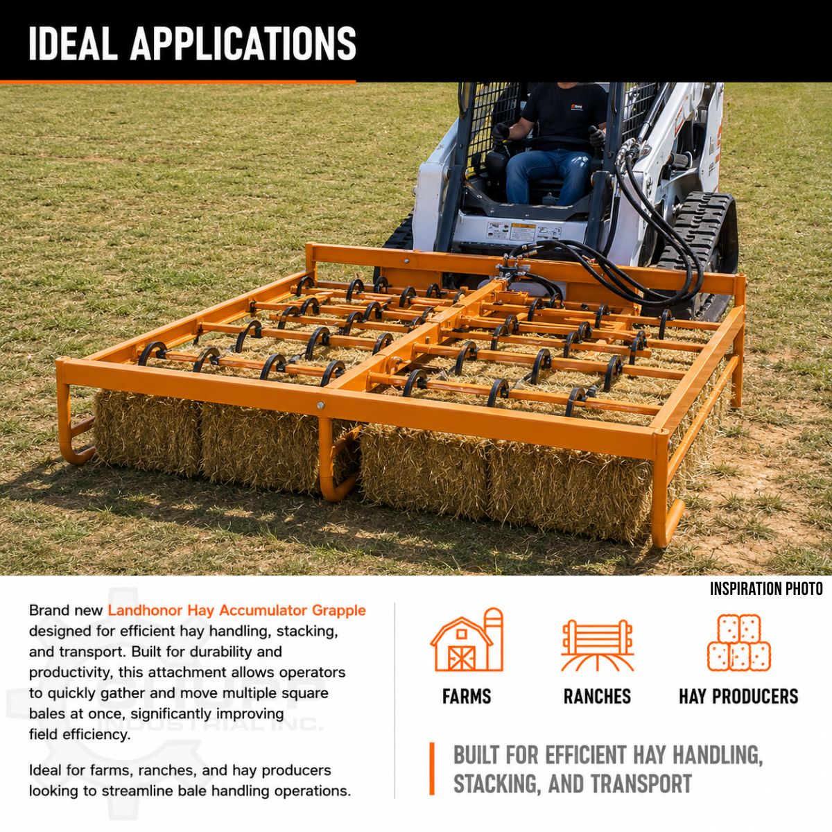 Landhonor hay accumulator on a Bobcat track loader, square bales held in its orange hook grid