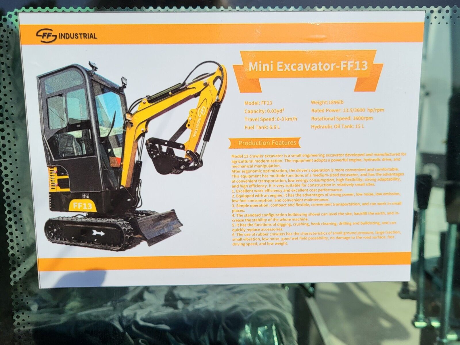 FF13 spec placard: 1,896 lb, 13.5 hp at 3,600 rpm, 0.03 cu yd bucket, 0-3 km/h travel, 6.6 L fuel, 15 L hydraulic