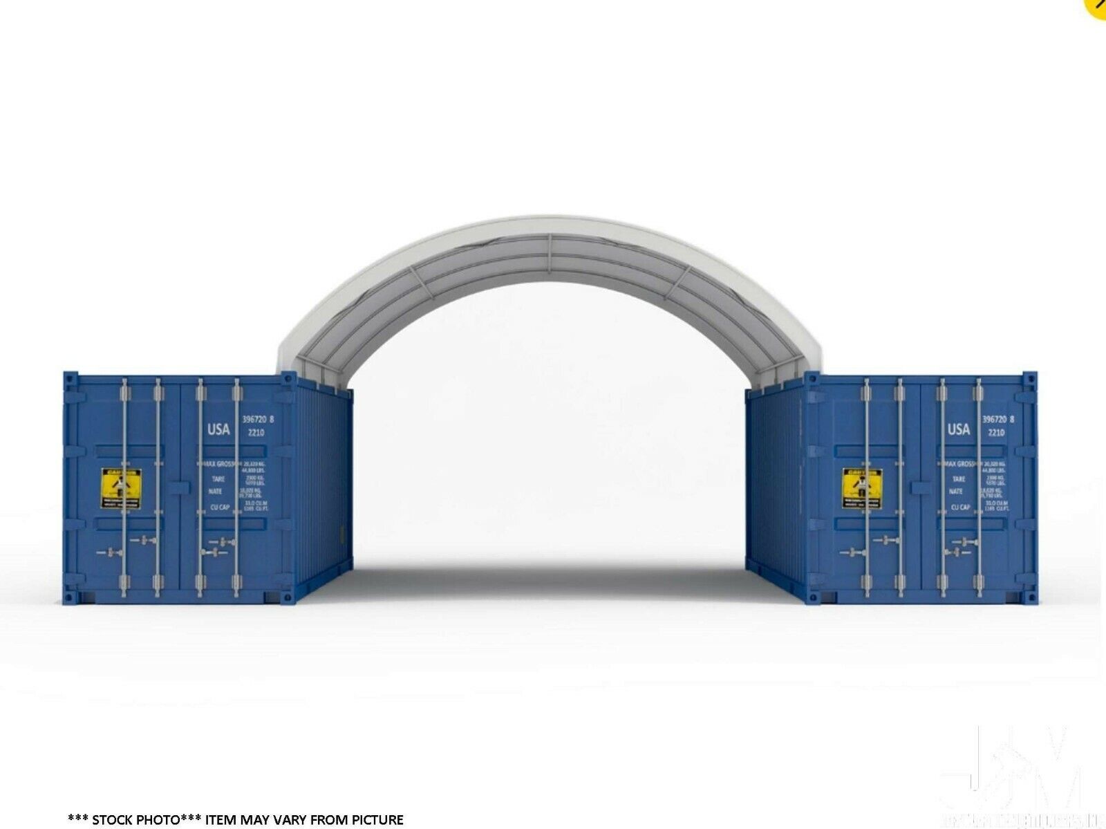 White arched container shelter spanning two blue shipping containers, mounted to their roof rails