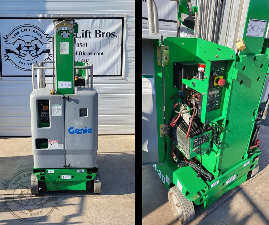 Green Genie GR-20 mast lift: gray battery cover at the front, and the side compartment open showing charger and controls