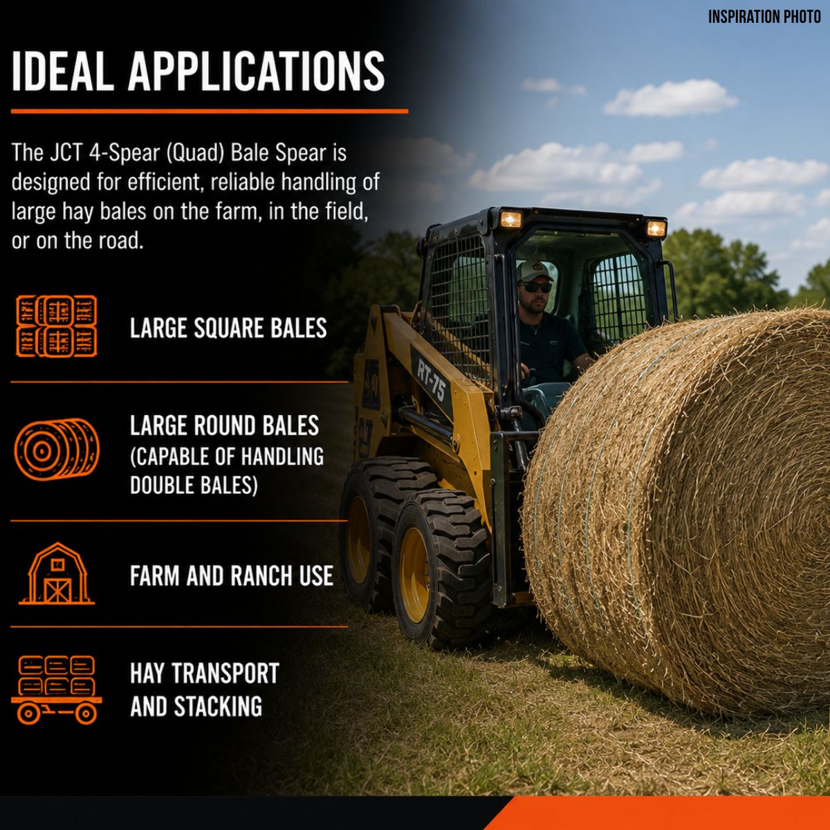 JCT 4-spear bale spear applications graphic: large square and round bales, double bales, farm and ranch hay transport