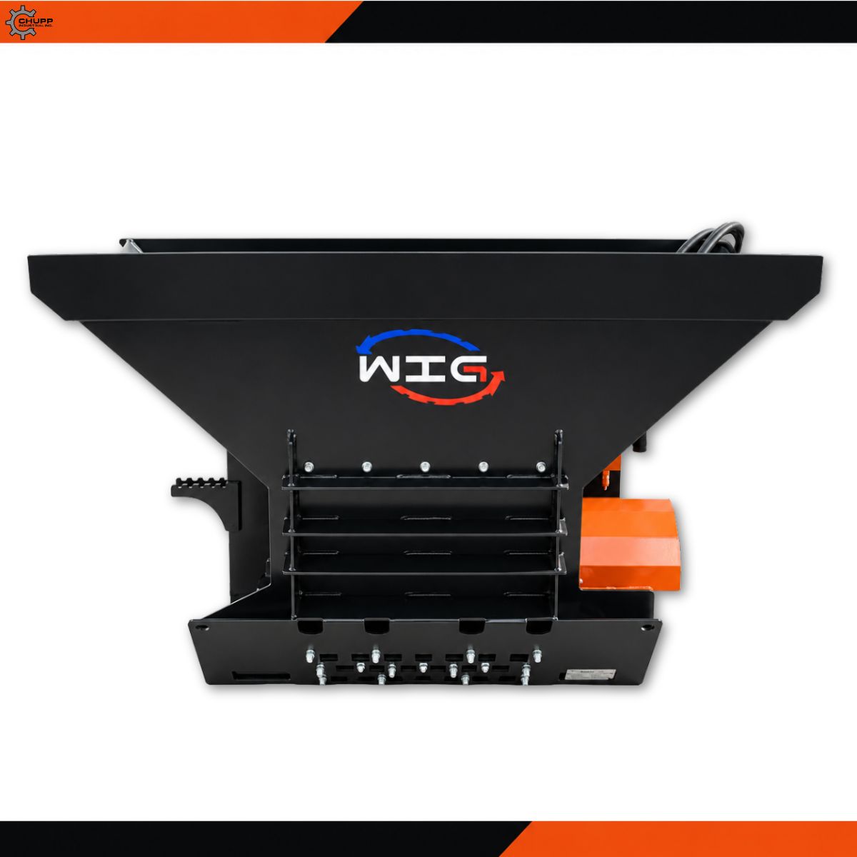 WIG asphalt block crusher, black hopper with WIG badge, orange hydraulic drive cover and bolted sizing grate