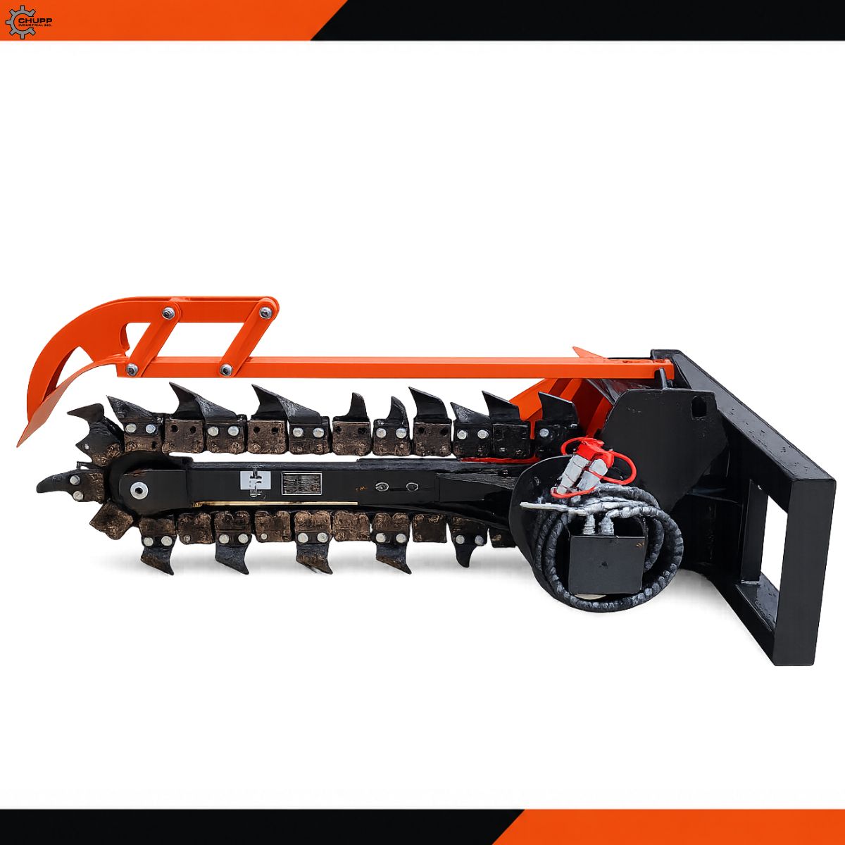 GIYI skid steer trencher: toothed digging chain, orange crumber arm, quick-attach mount plate and hydraulic hoses