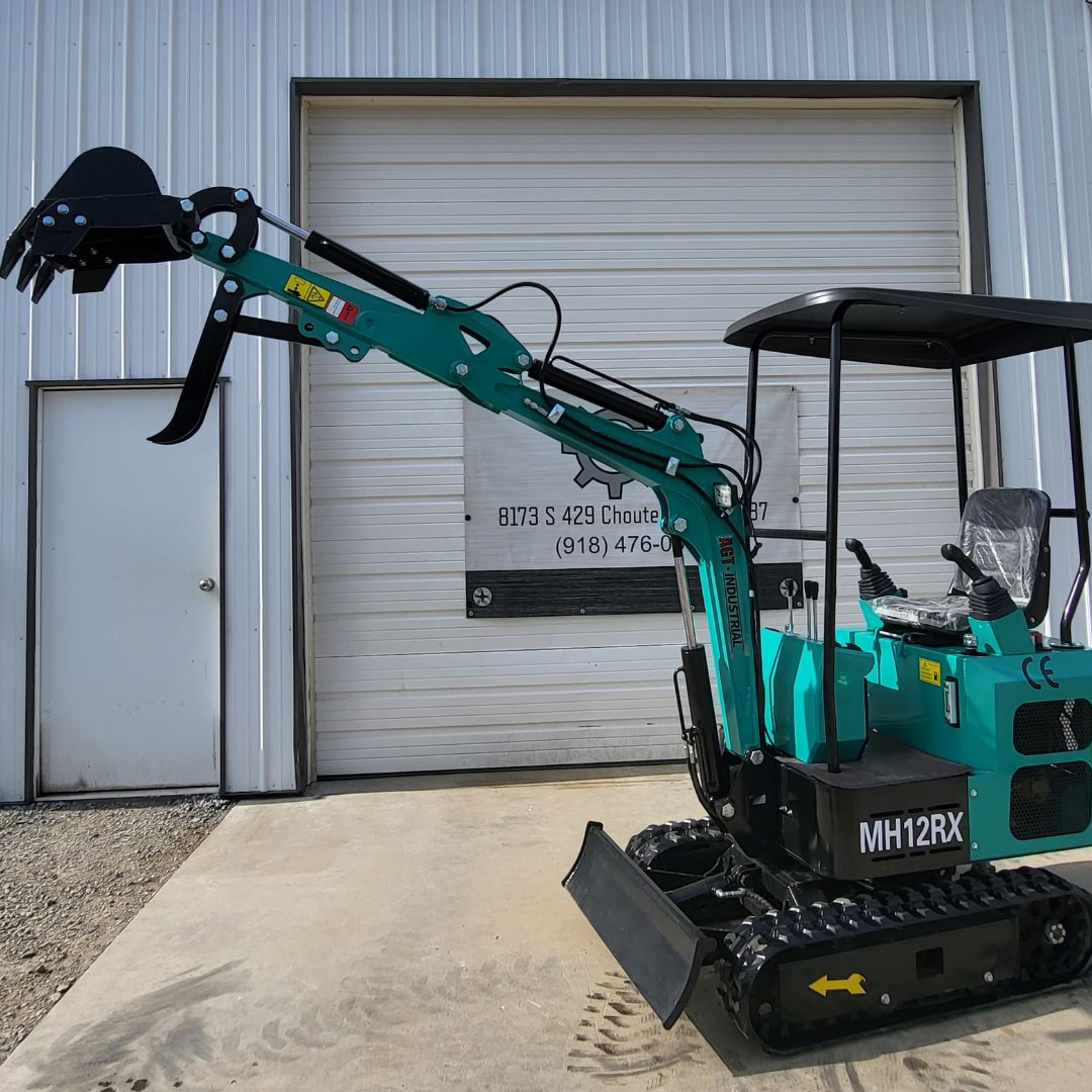Teal AGT MH12RX mini excavator, boom raised with bucket and mechanical thumb, backfill blade, canopy and rubber tracks
