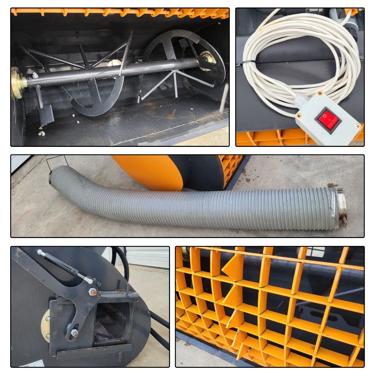 Arteer cement mixer details: paddle shaft inside the drum, corded on/off switch, discharge hose, bag-splitter grate