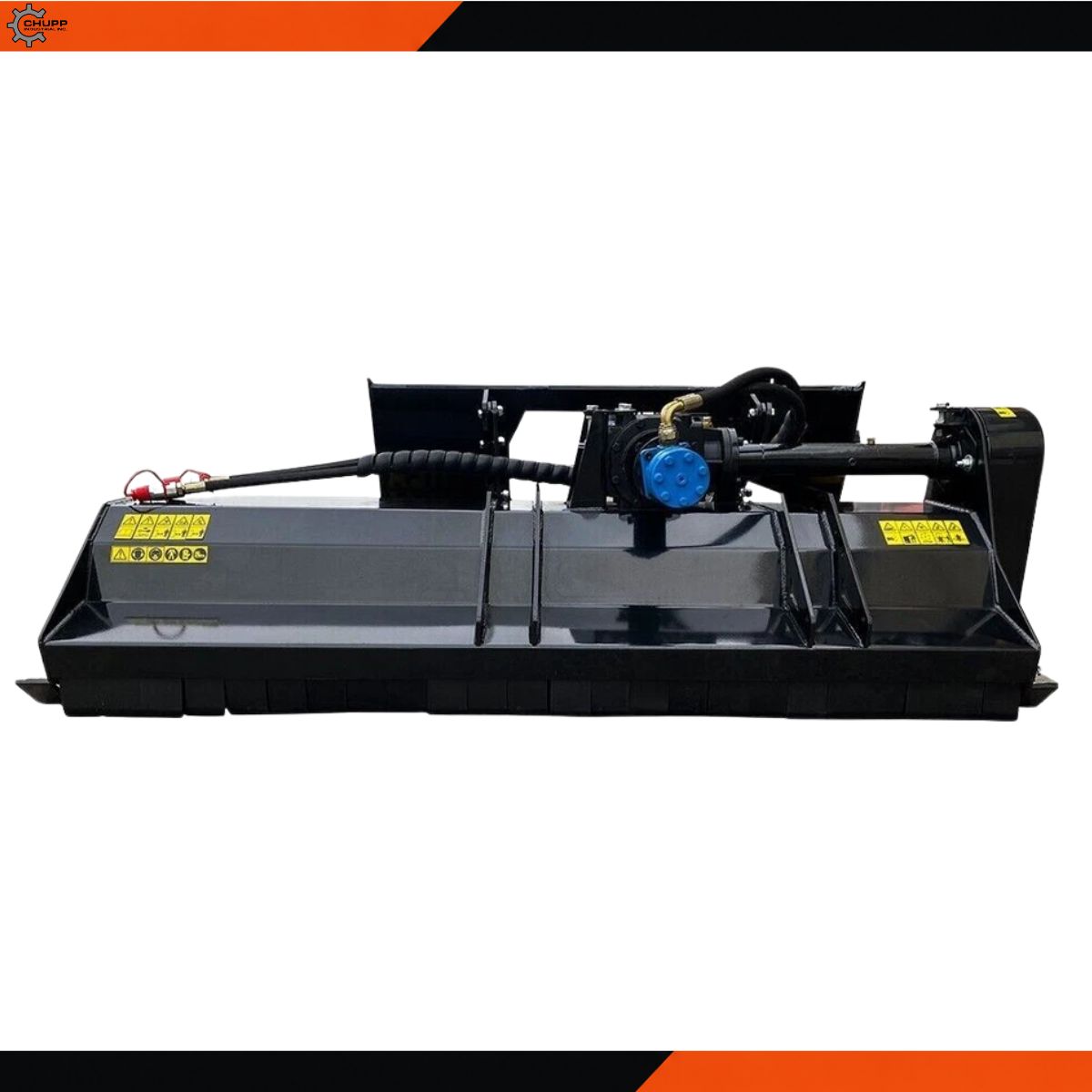 AGT flail mower, black steel deck with belt-drive housing, hydraulic motor and universal skid steer mounting plate