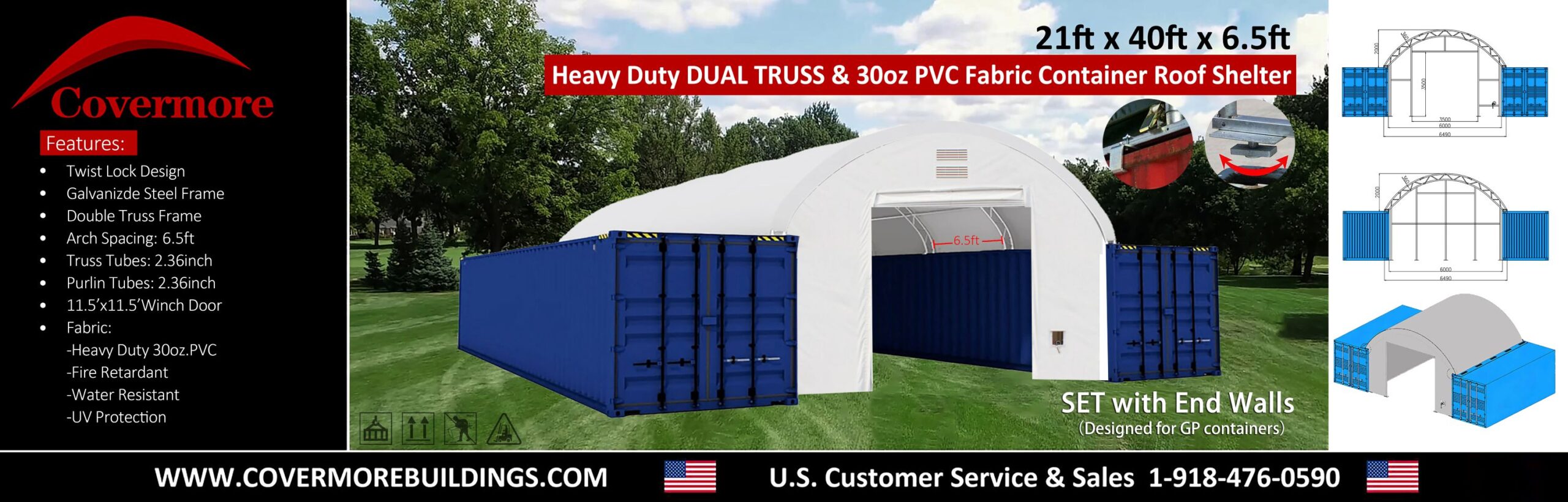21x40x6.5 dual truss container shelter spanning two blue containers, spec banner with feature list and frame diagrams