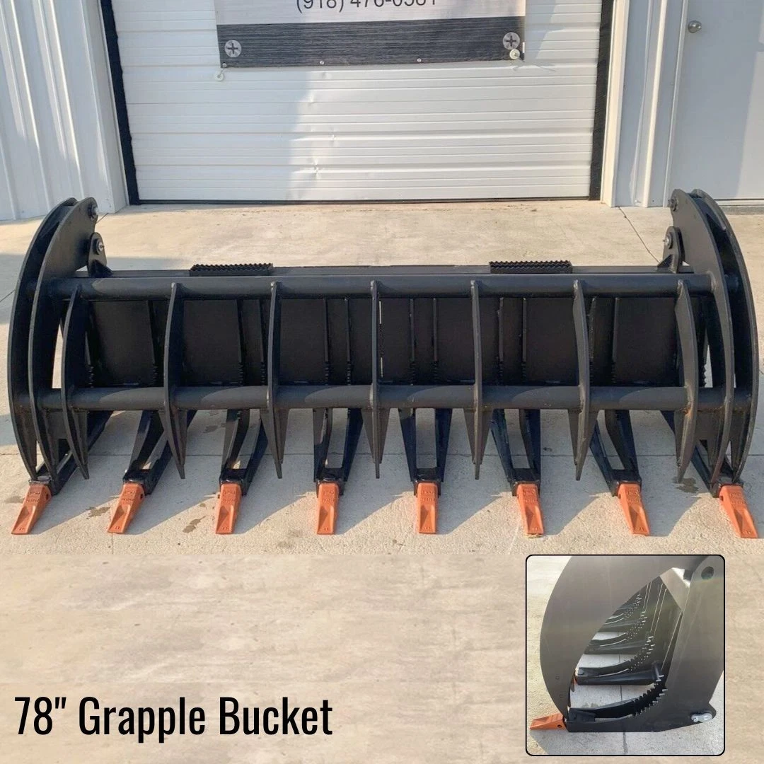 Listing tile: 78-inch grapple bucket with orange-tipped tines, inset close-up of a serrated grapple arm