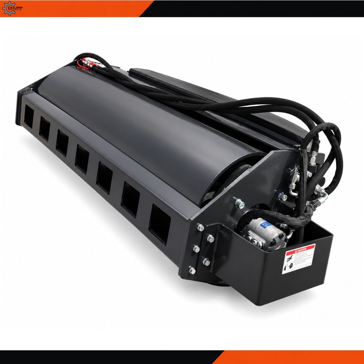 Wolverine vibratory roller attachment: black drum, hydraulic motor and coiled hoses at the skid steer mount
