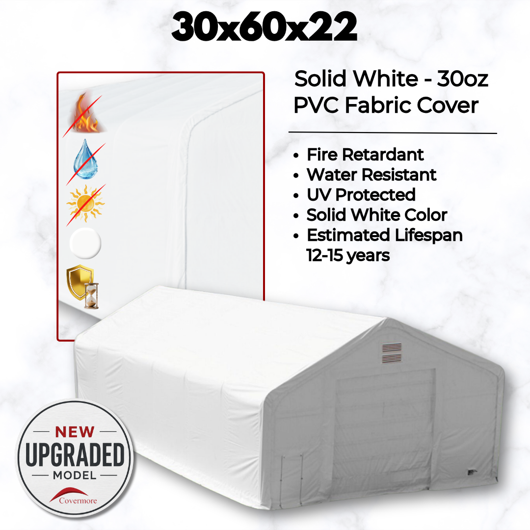30 oz solid white PVC cover on a 30x60x22 dual truss fabric building: fire retardant, water resistant, UV protected
