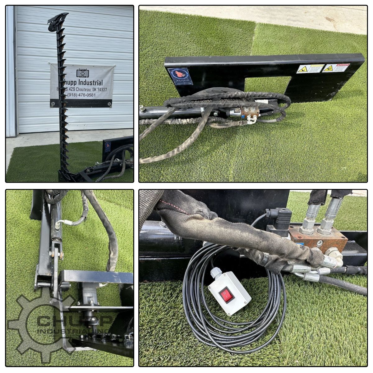 Wolverine sickle bar mower: serrated cutter bar raised upright, quick-attach mount plate, valve block and switch box