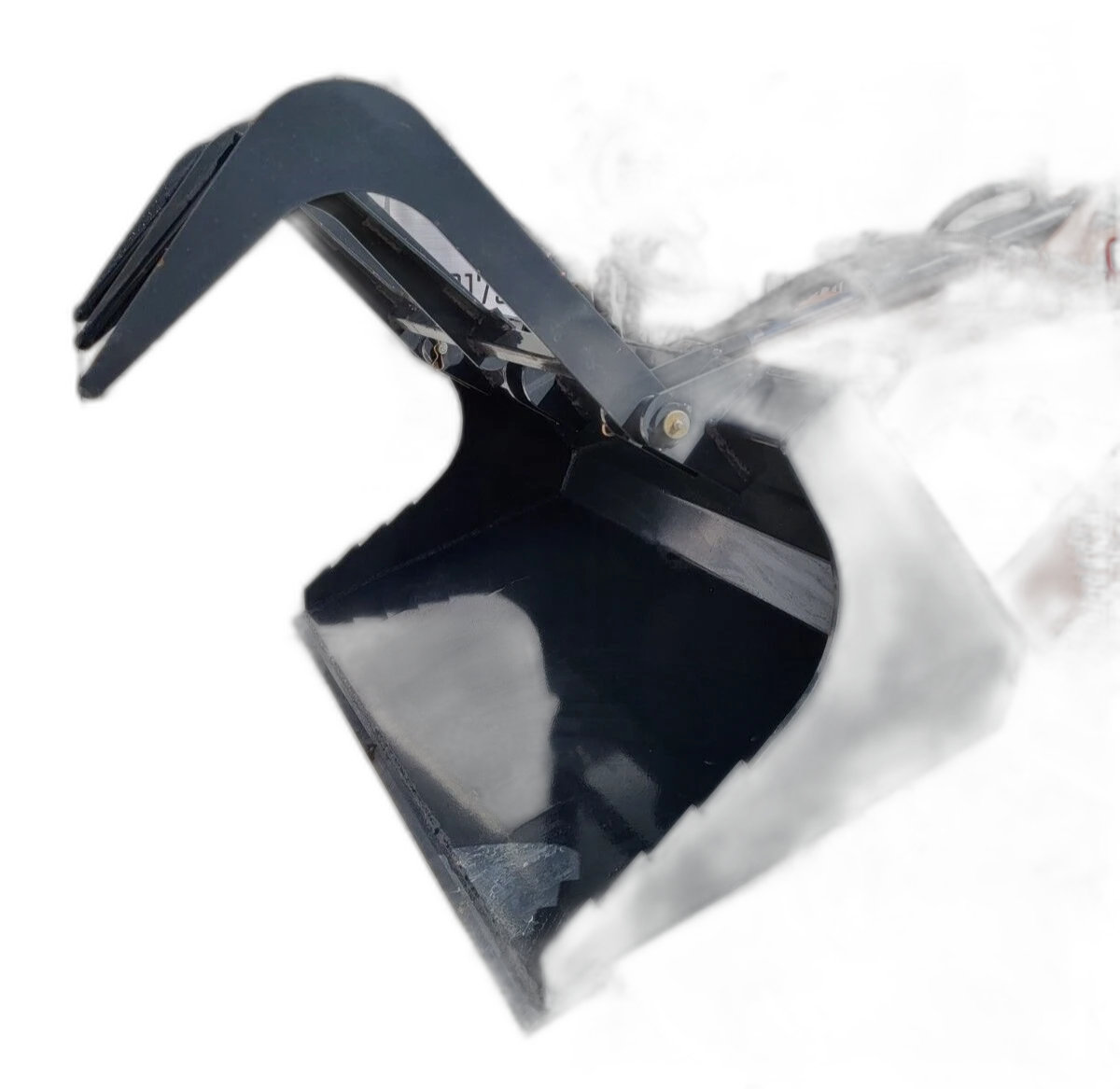 Dark gray flat-bottom grapple bucket, grapple arm raised open above the bucket shell and serrated edge